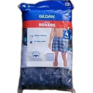 Gildan Men's Woven Boxers 4 Pack XXL 44-46 Blue Plaid NIP New Sealed